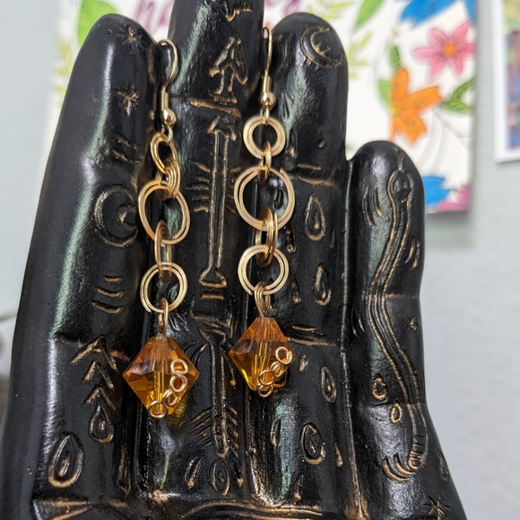 Gold & Czech Glass Earrings Mini Hoops Spiral Amber Artisan Wrapped Cute Unique - Picture 4 of 7